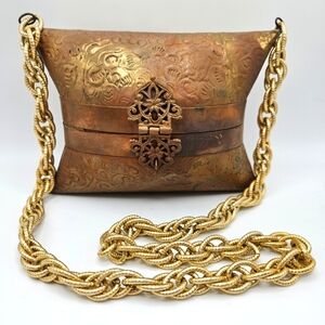 VINTAGE Brass and Copper Metal Pillow Box Embossed Purse Bag